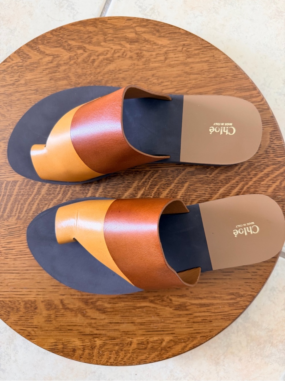 Chloé Two-Tone Tan & Brown Leather Slide Sandals Size 9.5